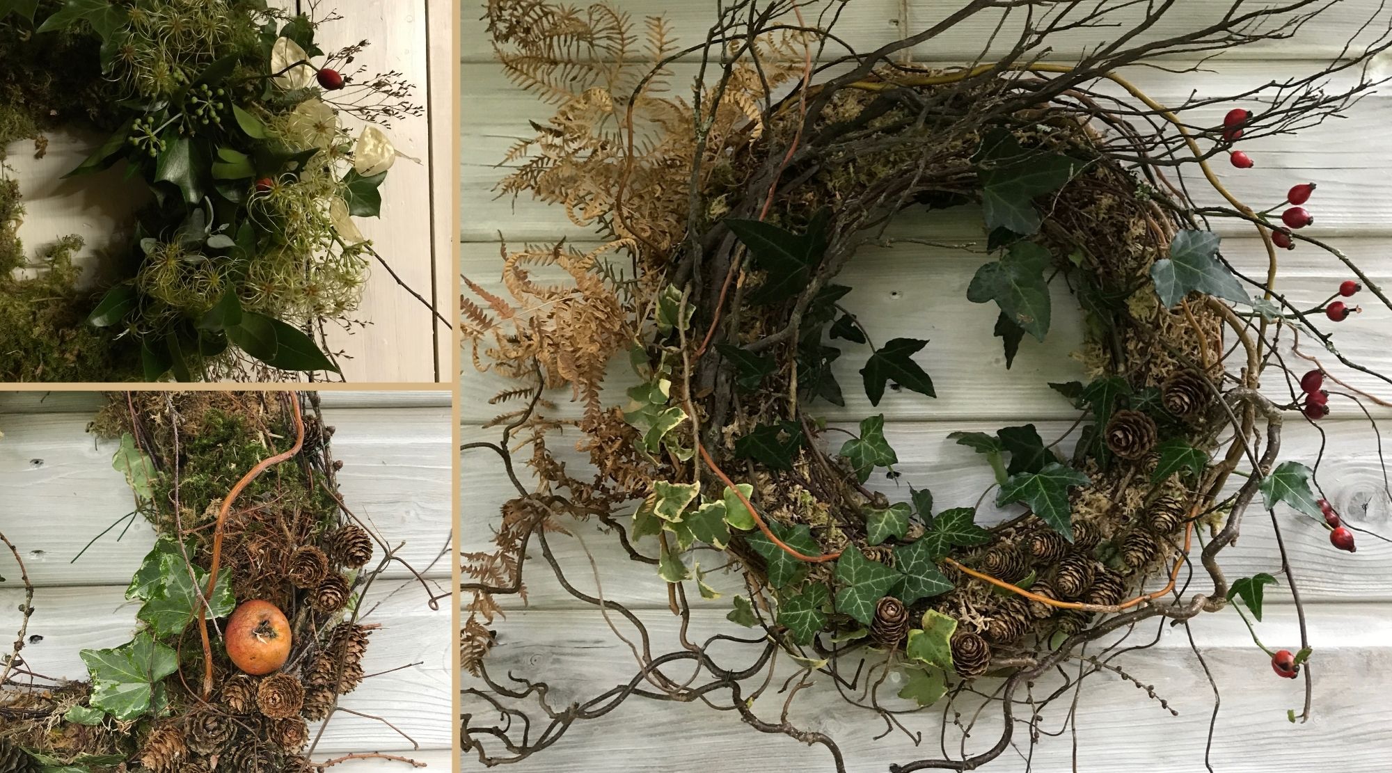 Christmas wreathes made with ivy, moss and natural materials, hanging on a front door