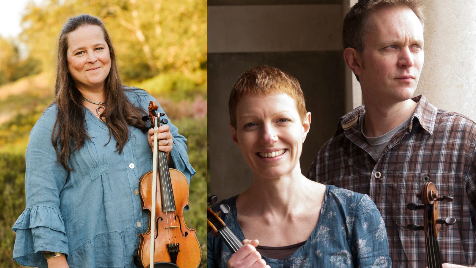 Fiddle players Bryony Griffith standing in nature with her violin. Next to her are musician duo Becki Driscoll and Nick Wyke holding their fiddles. Becki is smiling and Nick is looking into the distance.